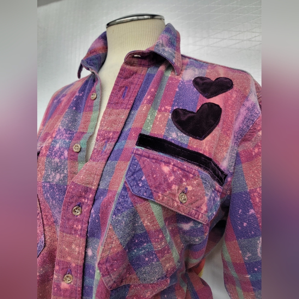 Upcycled Vintage Heart Rock Band Flannel Shirt Shacket  With Velvet & Lace - Picture 7 of 13